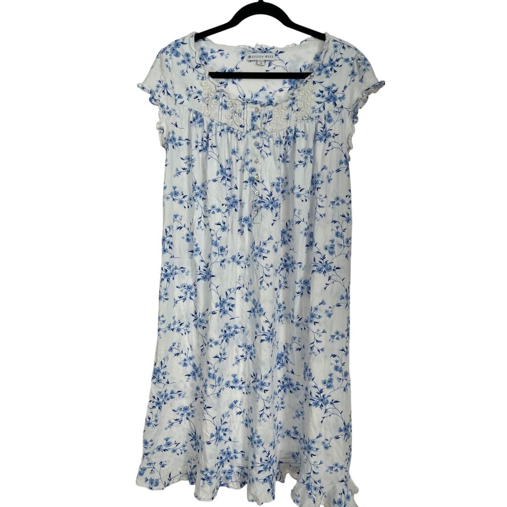 Eileen West Blue Floral Cotton Modal Lace Nightgown M Button Front Cottagecore